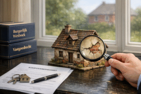 Oude miniatuurwoning met zichtbare ouderdomsscheur onder een vergrootglas op een zwart bureau, met koopcontract, sleutels en wetboeken bij een raam. Ouderdomsclausule
